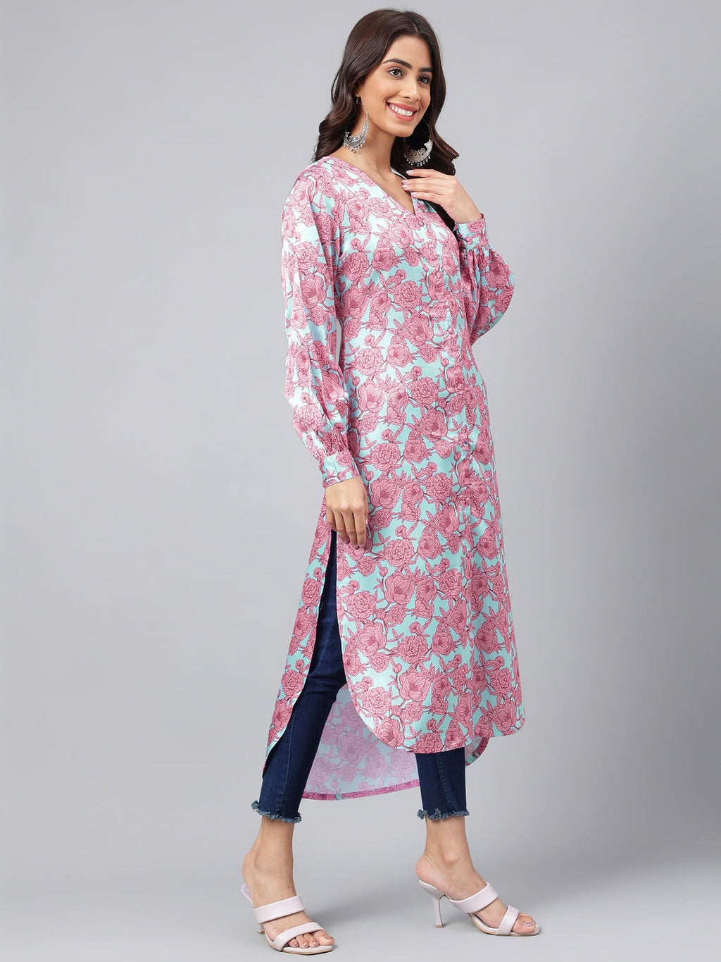 Janasya Women's Sea Green Satin Digital Floral Printed Casual Gathered Kurta | Grocsy