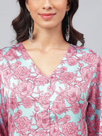 Janasya Women's Sea Green Satin Digital Floral Printed Casual Gathered Kurta | Grocsy
