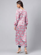 Janasya Women's Sea Green Satin Digital Floral Printed Casual Gathered Kurta | Grocsy
