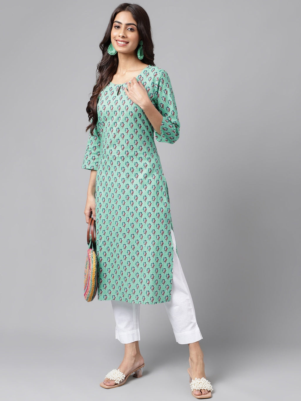 Janasya Women's Light Blue Cotton Ethnic Motifs Casual Straight Kurta | Grocsy