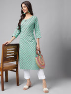 Janasya Women's Light Blue Cotton Ethnic Motifs Casual Straight Kurta | Grocsy