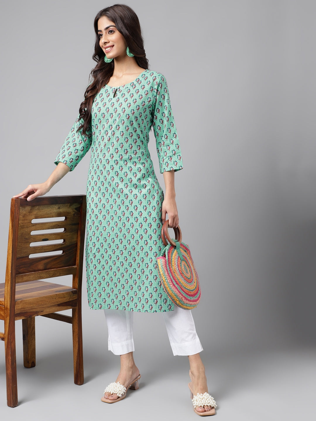 Janasya Women's Light Blue Cotton Ethnic Motifs Casual Straight Kurta | Grocsy