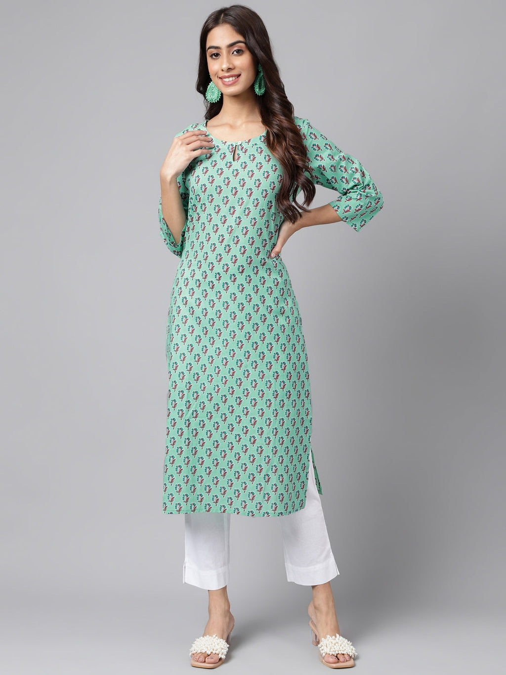 Janasya Women's Light Blue Cotton Ethnic Motifs Casual Straight Kurta | Grocsy