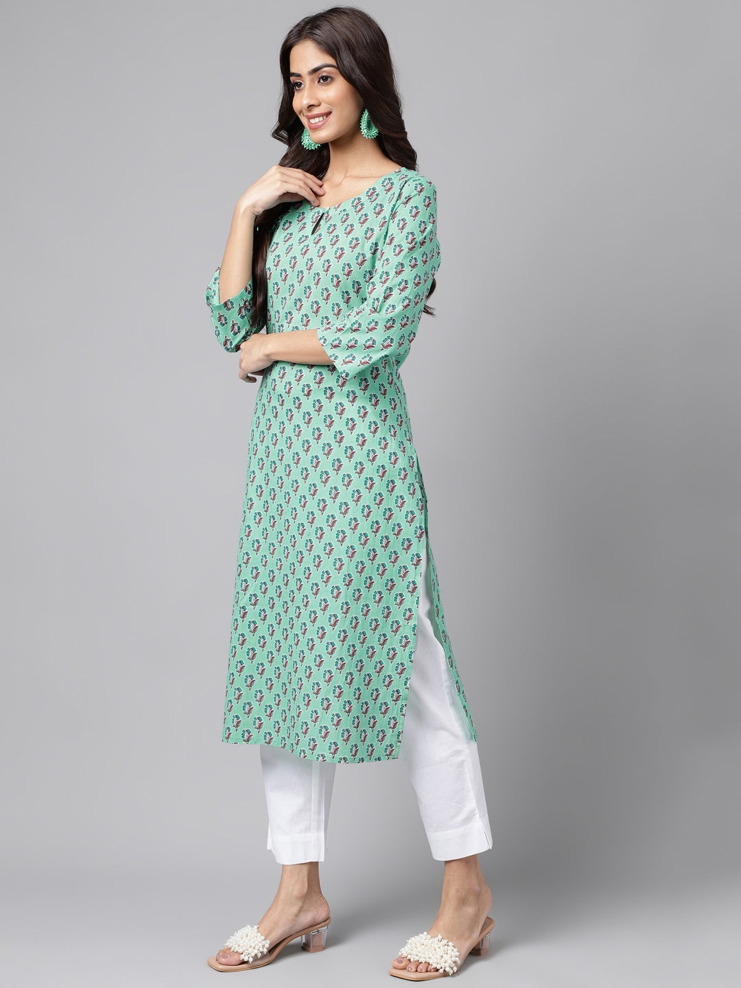 Janasya Women's Light Blue Cotton Ethnic Motifs Casual Straight Kurta | Grocsy