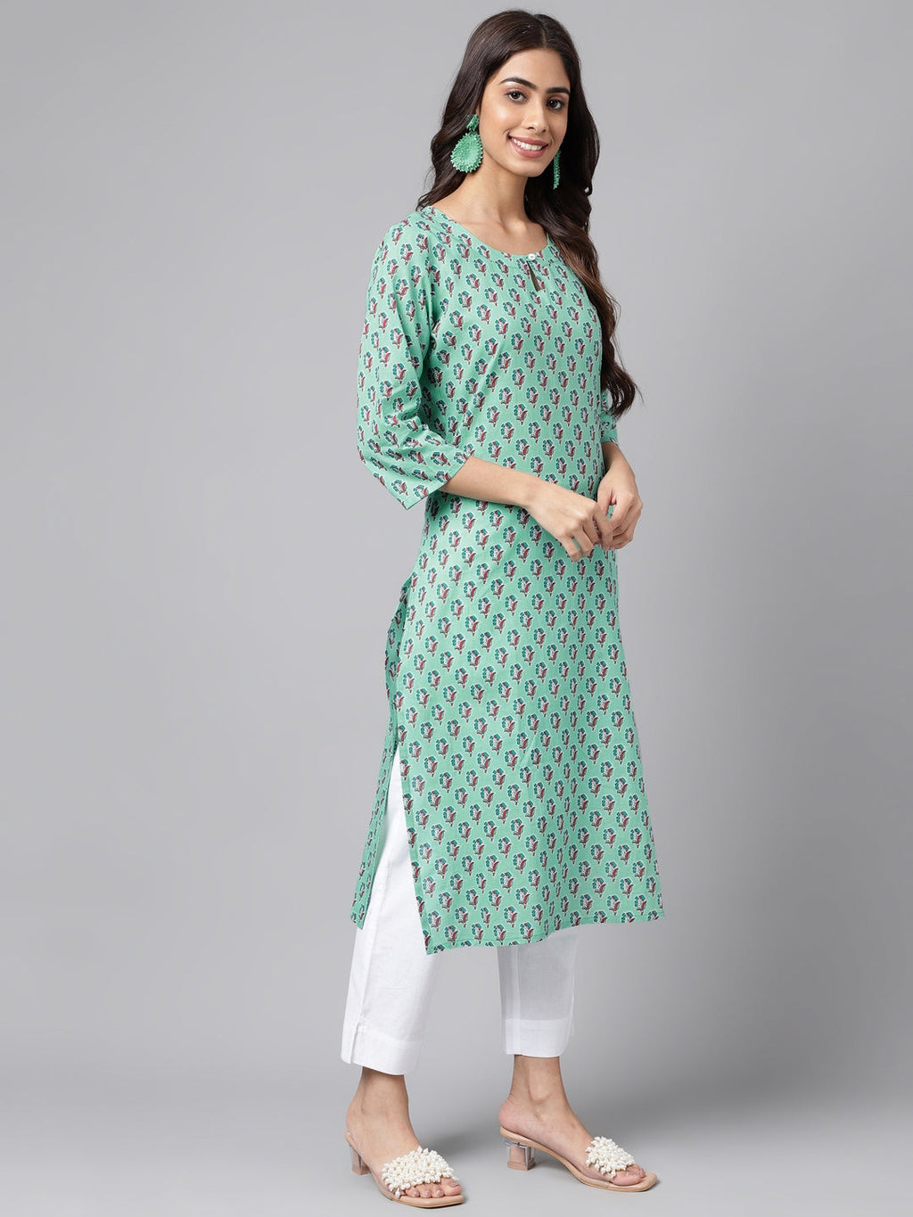 Janasya Women's Light Blue Cotton Ethnic Motifs Casual Straight Kurta | Grocsy