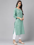 Janasya Women's Light Blue Cotton Ethnic Motifs Casual Straight Kurta | Grocsy