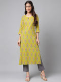 Janasya Women's Green Cotton Floral Printed Casual Straight Kurta | Grocsy