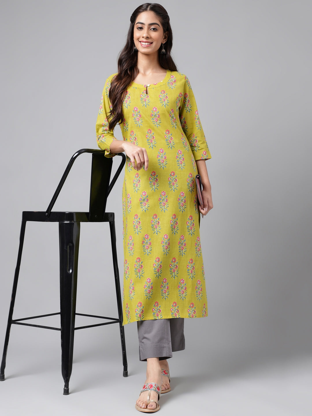 Janasya Women's Green Cotton Floral Printed Casual Straight Kurta | Grocsy