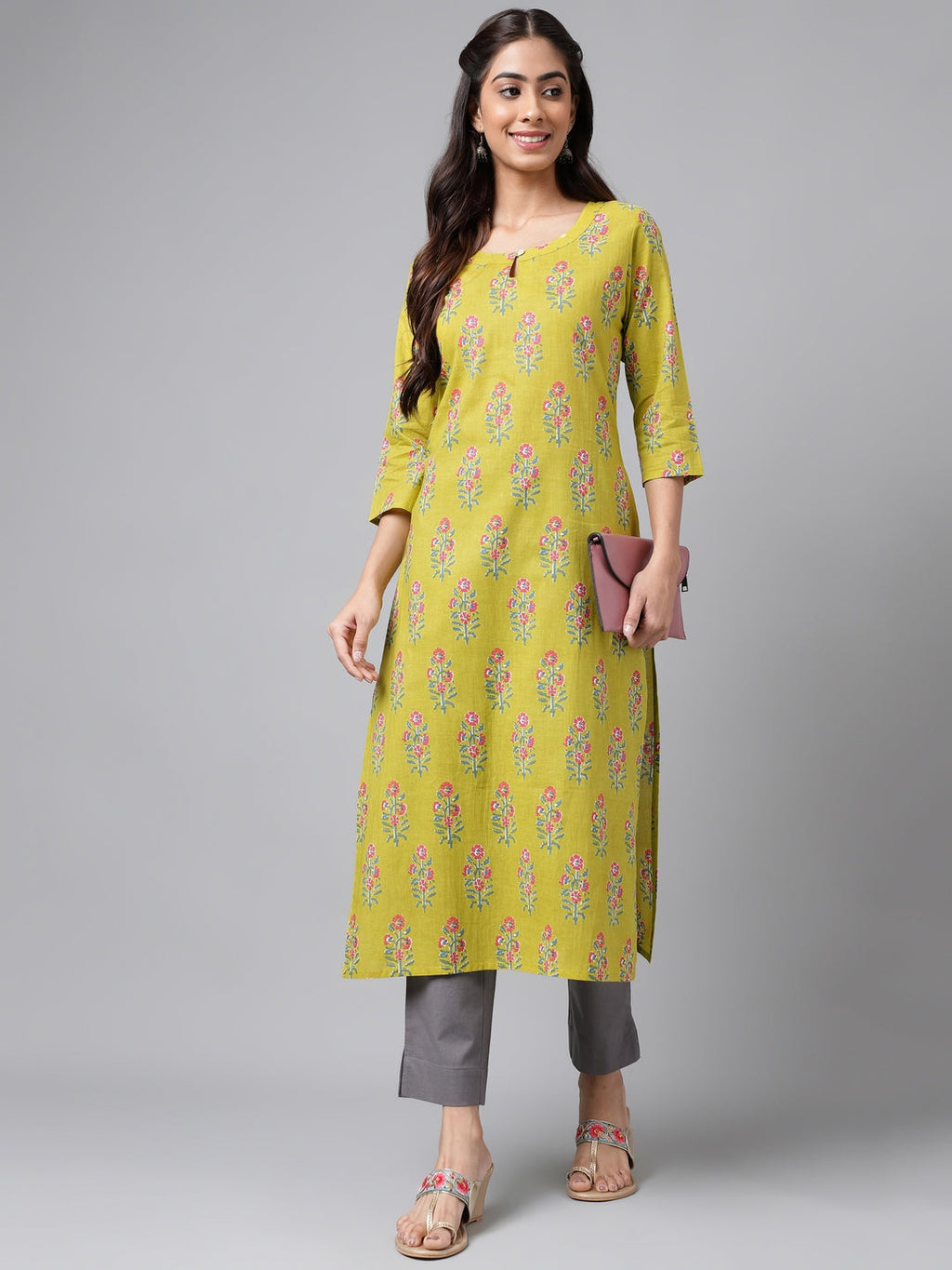 Janasya Women's Green Cotton Floral Printed Casual Straight Kurta | Grocsy