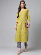 Janasya Women's Green Cotton Floral Printed Casual Straight Kurta | Grocsy