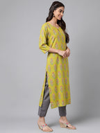 Janasya Women's Green Cotton Floral Printed Casual Straight Kurta | Grocsy