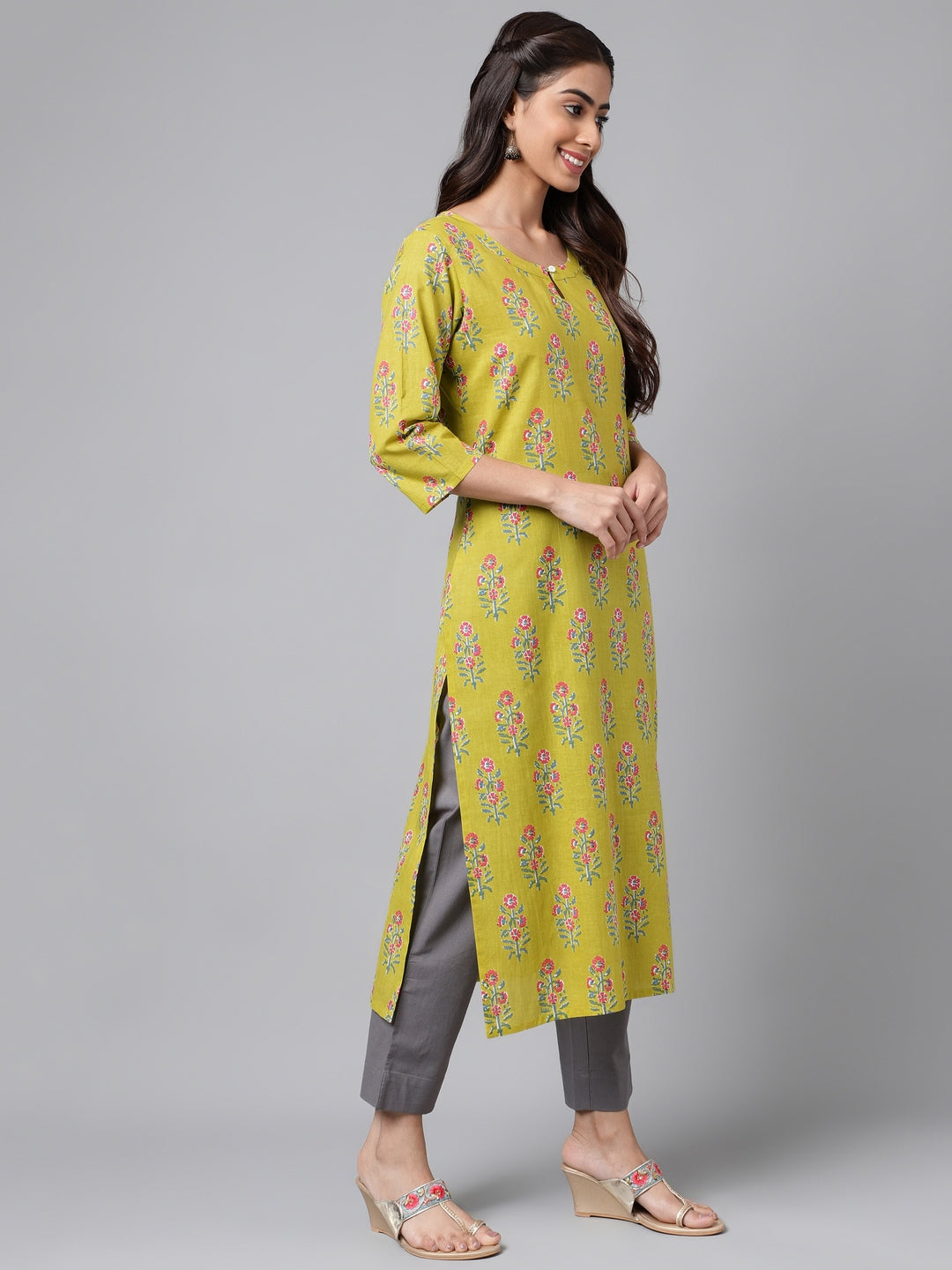 Janasya Women's Green Cotton Floral Printed Casual Straight Kurta | Grocsy