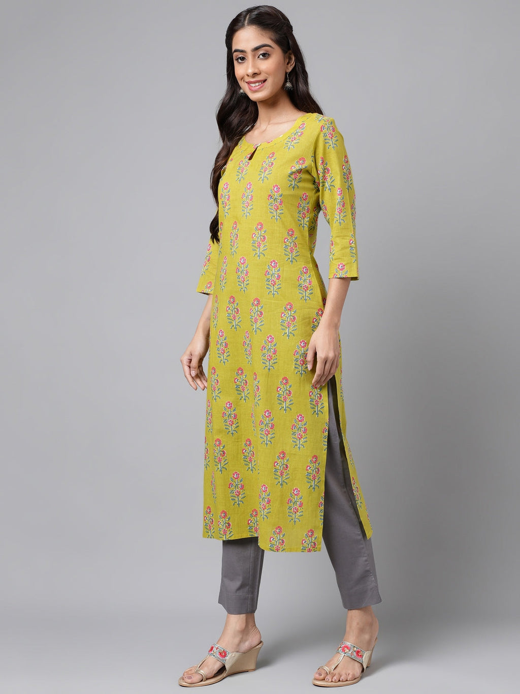 Janasya Women's Green Cotton Floral Printed Casual Straight Kurta | Grocsy