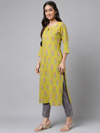 Janasya Women's Green Cotton Floral Printed Casual Straight Kurta | Grocsy