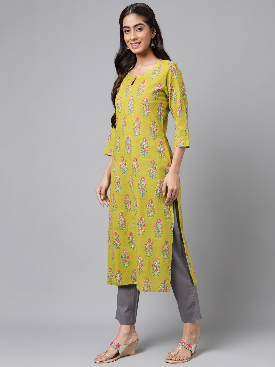 Janasya Women's Green Cotton Floral Printed Casual Straight Kurta | Grocsy
