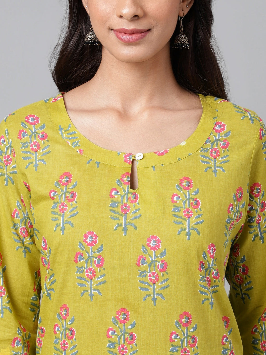 Janasya Women's Green Cotton Floral Printed Casual Straight Kurta | Grocsy