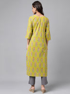 Janasya Women's Green Cotton Floral Printed Casual Straight Kurta | Grocsy