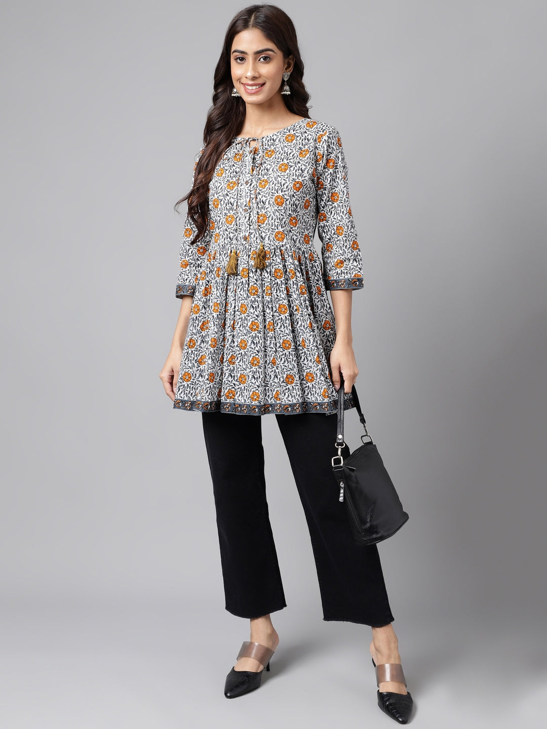 Janasya Women's Multicolor Cotton Botanical Printed Casual Peplum Top | Grocsy