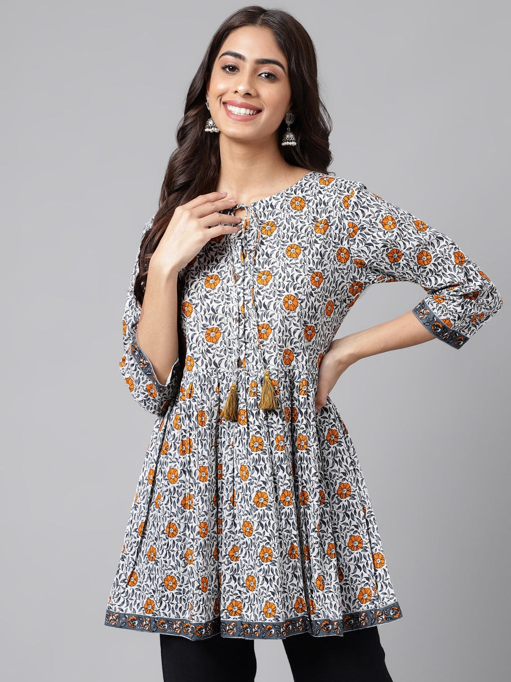 Janasya Women's Multicolor Cotton Botanical Printed Casual Peplum Top | Grocsy