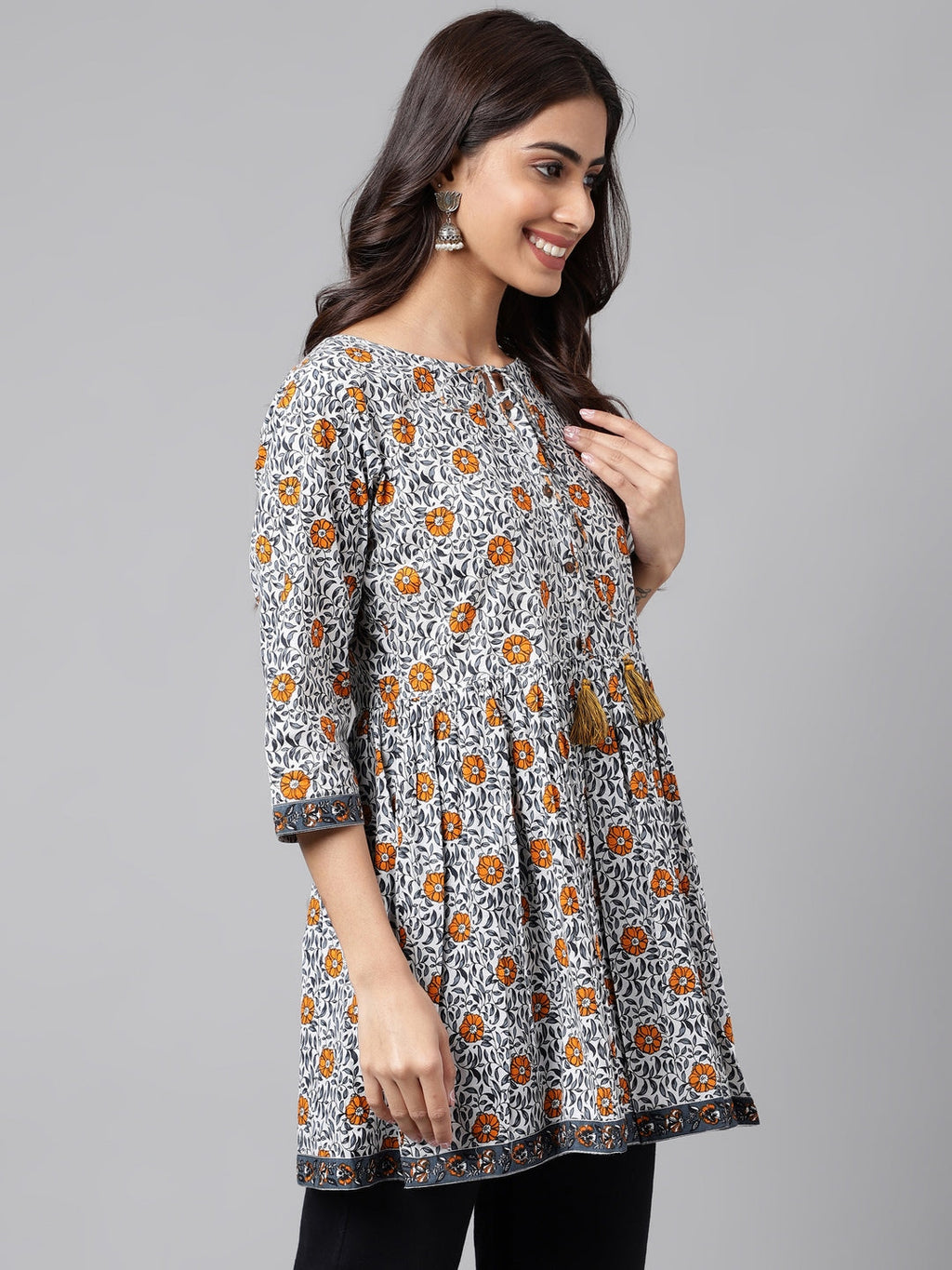 Janasya Women's Multicolor Cotton Botanical Printed Casual Peplum Top | Grocsy