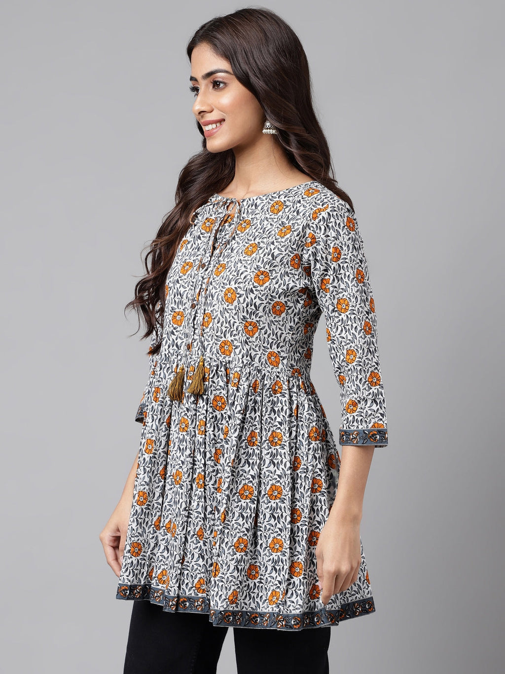 Janasya Women's Multicolor Cotton Botanical Printed Casual Peplum Top | Grocsy