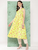 Janasya Women's Lemon Yellow Moss Digital Floral Printed Casual Gathered Kurta | Grocsy