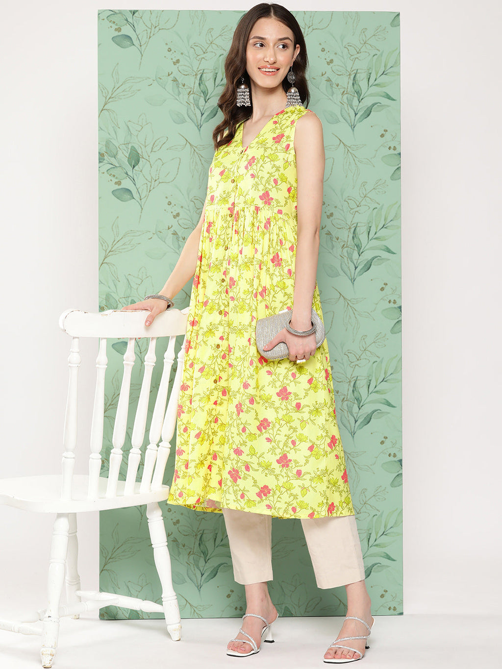 Janasya Women's Lemon Yellow Moss Digital Floral Printed Casual Gathered Kurta | Grocsy