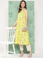 Janasya Women's Lemon Yellow Moss Digital Floral Printed Casual Gathered Kurta | Grocsy