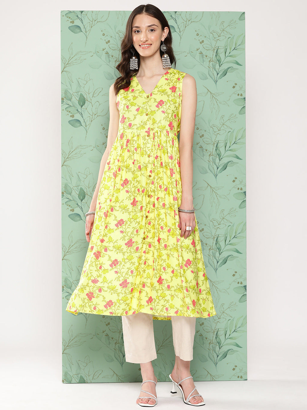 Janasya Women's Lemon Yellow Moss Digital Floral Printed Casual Gathered Kurta | Grocsy