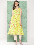 Janasya Women's Lemon Yellow Moss Digital Floral Printed Casual Gathered Kurta | Grocsy