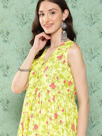 Janasya Women's Lemon Yellow Moss Digital Floral Printed Casual Gathered Kurta | Grocsy