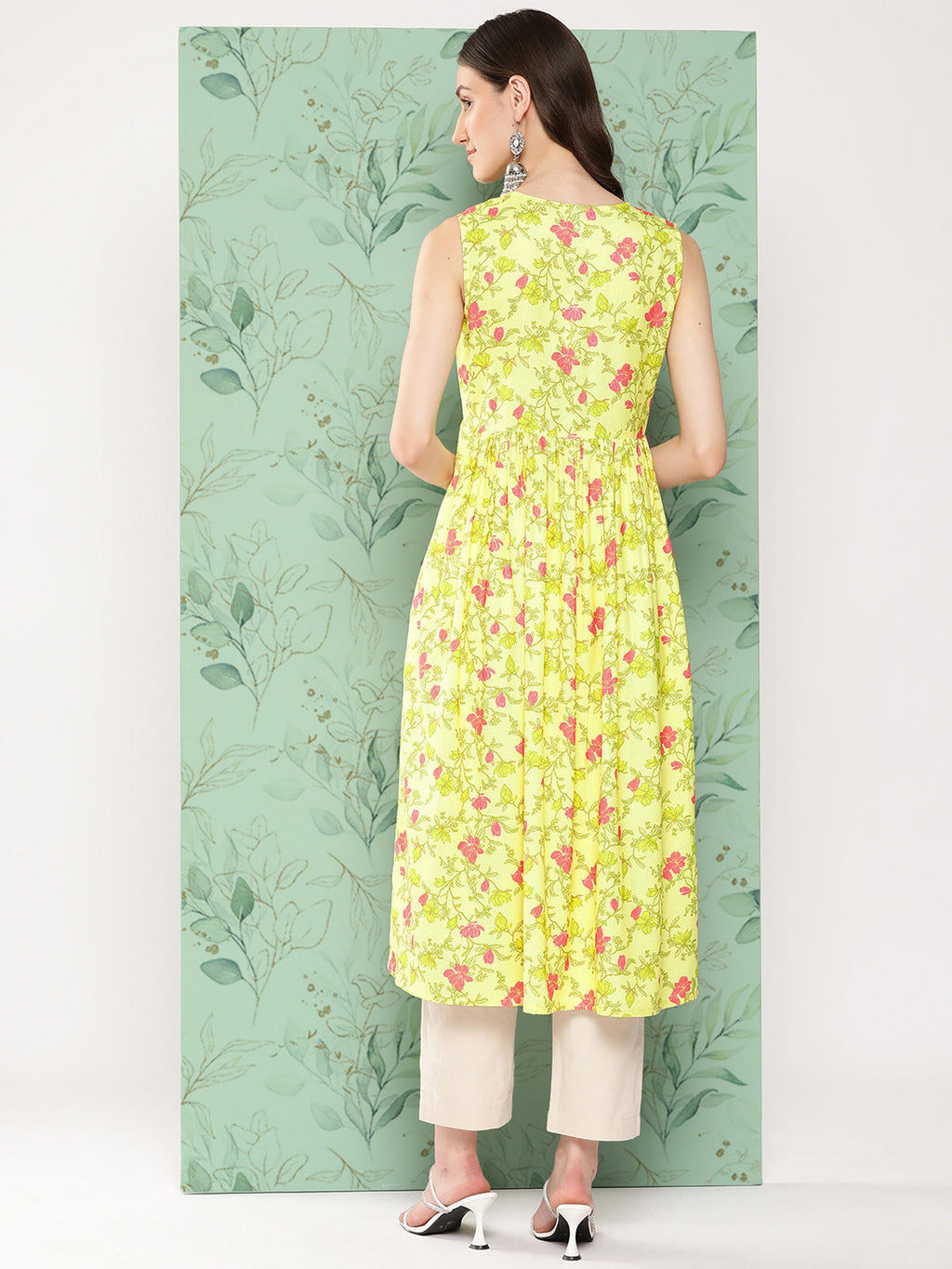 Janasya Women's Lemon Yellow Moss Digital Floral Printed Casual Gathered Kurta | Grocsy