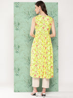 Janasya Women's Lemon Yellow Moss Digital Floral Printed Casual Gathered Kurta | Grocsy