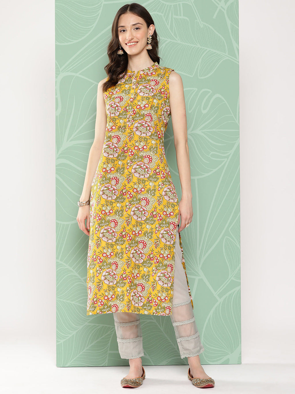 Janasya Women's Yellow Cotton Floral Printed Casual Straight Kurta | Grocsy
