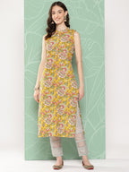 Janasya Women's Yellow Cotton Floral Printed Casual Straight Kurta | Grocsy