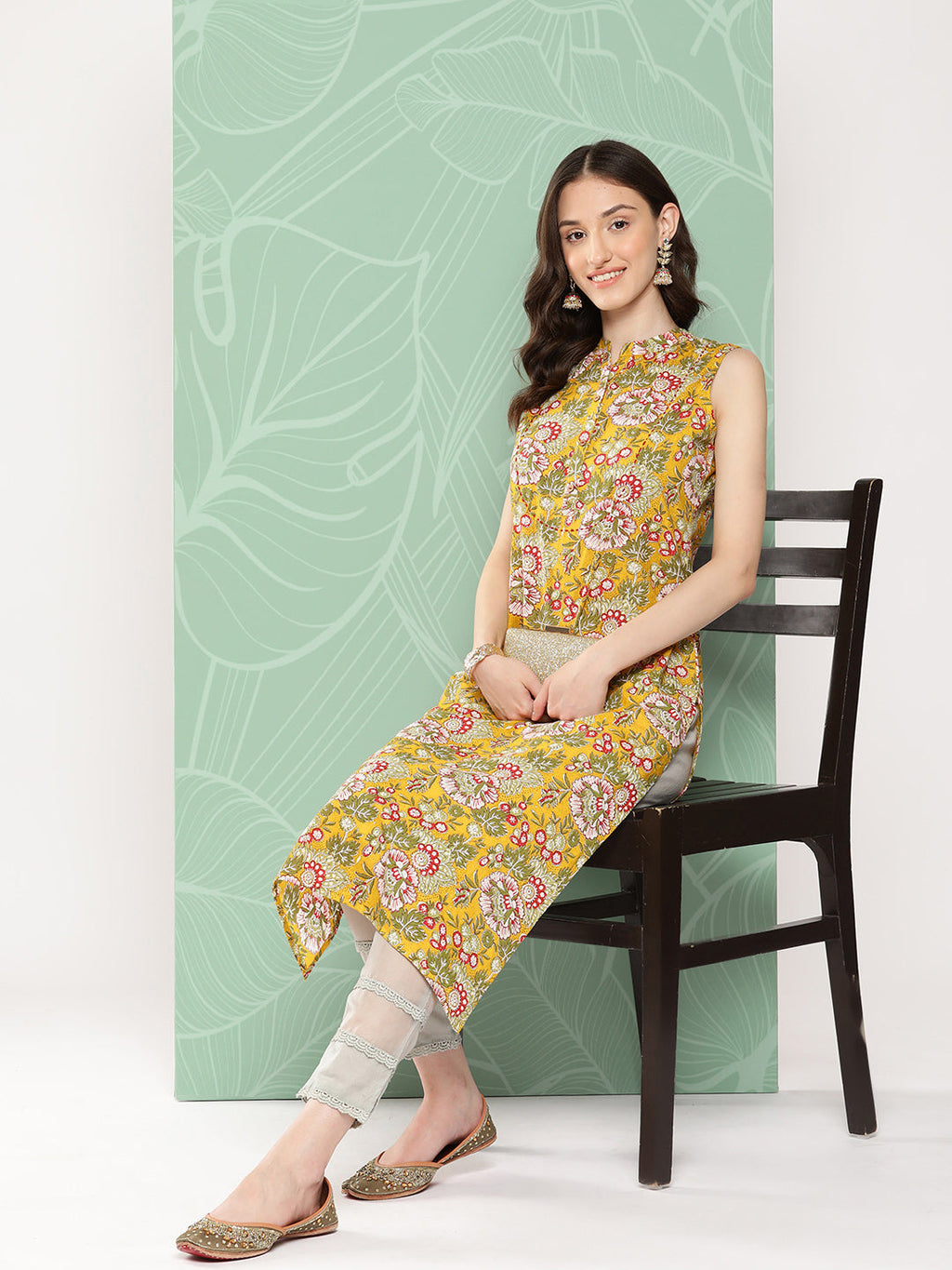 Janasya Women's Yellow Cotton Floral Printed Casual Straight Kurta | Grocsy