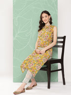 Janasya Women's Yellow Cotton Floral Printed Casual Straight Kurta | Grocsy