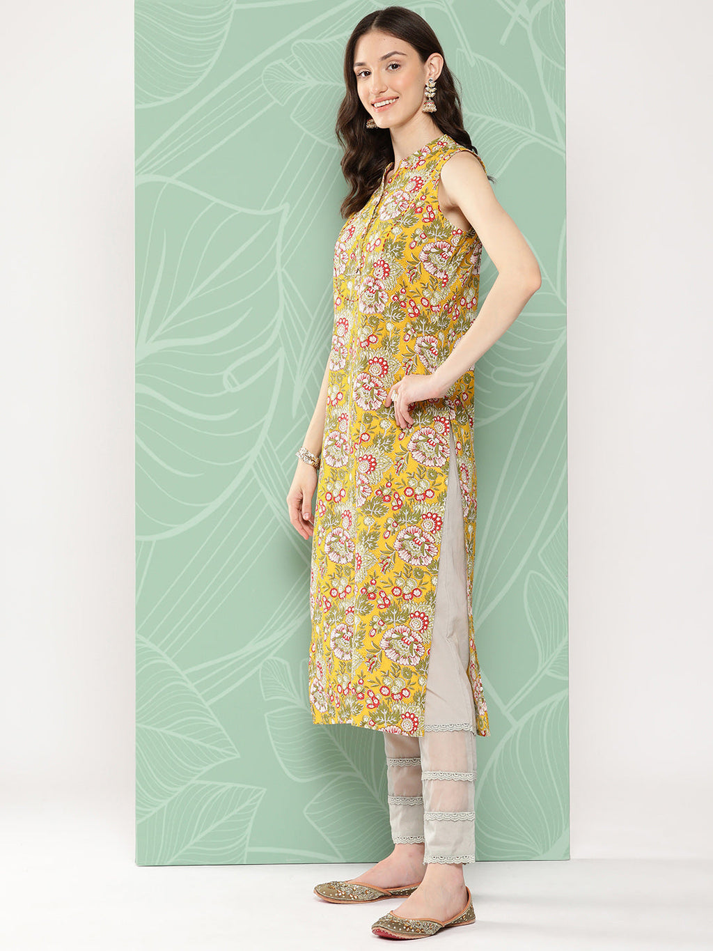 Janasya Women's Yellow Cotton Floral Printed Casual Straight Kurta | Grocsy