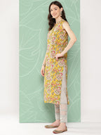 Janasya Women's Yellow Cotton Floral Printed Casual Straight Kurta | Grocsy