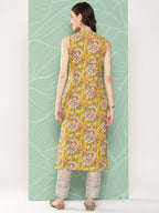 Janasya Women's Yellow Cotton Floral Printed Casual Straight Kurta | Grocsy