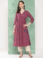 Janasya Women's Pink Cotton Floral Printed Casual Gathered Kurta | Grocsy