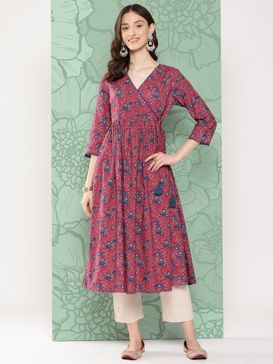 Janasya Women's Pink Cotton Floral Printed Casual Gathered Kurta | Grocsy