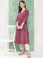 Janasya Women's Pink Cotton Floral Printed Casual Gathered Kurta | Grocsy