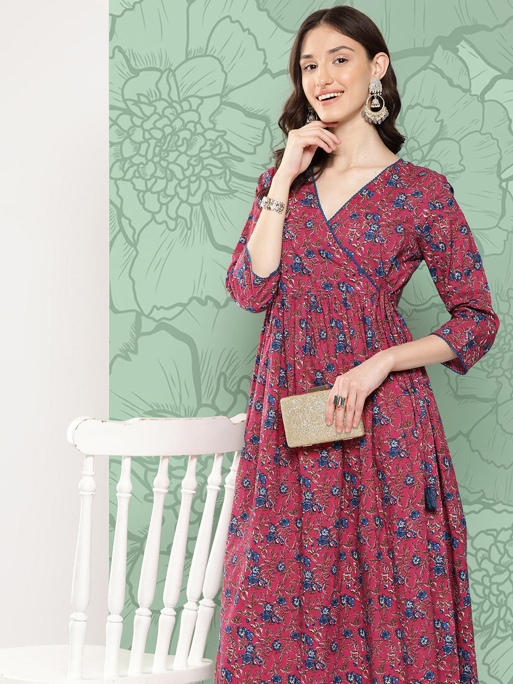 Janasya Women's Pink Cotton Floral Printed Casual Gathered Kurta | Grocsy