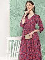 Janasya Women's Pink Cotton Floral Printed Casual Gathered Kurta | Grocsy