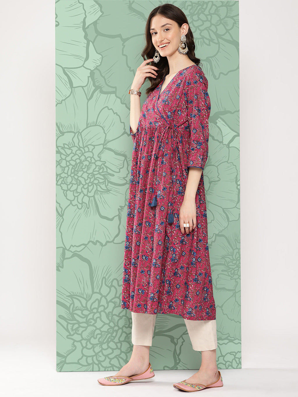 Janasya Women's Pink Cotton Floral Printed Casual Gathered Kurta | Grocsy