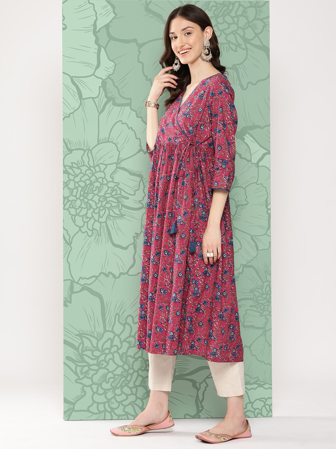 Janasya Women's Pink Cotton Floral Printed Casual Gathered Kurta | Grocsy