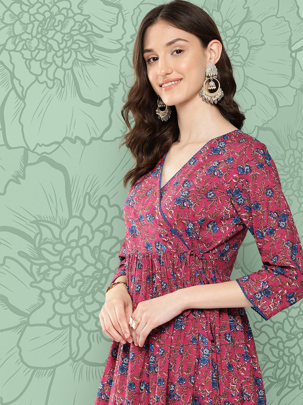Janasya Women's Pink Cotton Floral Printed Casual Gathered Kurta | Grocsy