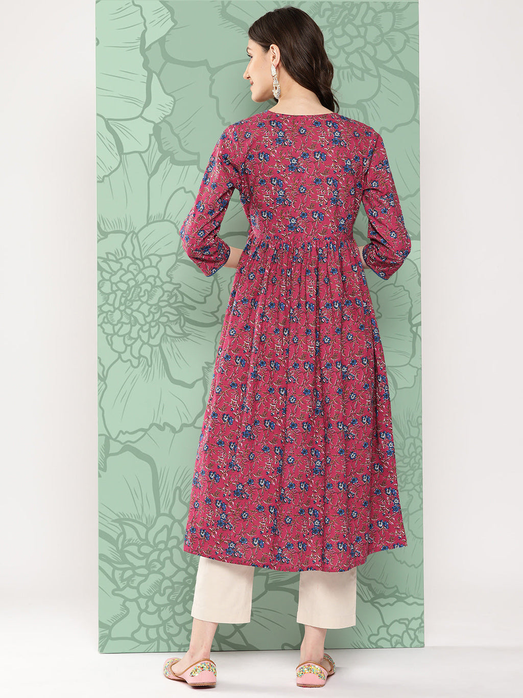 Janasya Women's Pink Cotton Floral Printed Casual Gathered Kurta | Grocsy