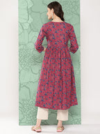 Janasya Women's Pink Cotton Floral Printed Casual Gathered Kurta | Grocsy
